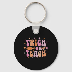 Trick Or Teach Retro Groovy Halloween Shirt For Te Keychain