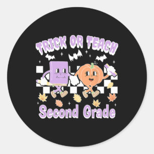 Trick Or Teach Second Grade Teacher Book Pumpkin H Classic Round Sticker
