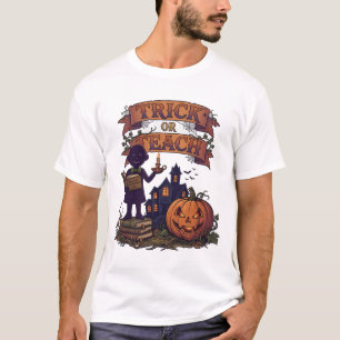 Trick Or Teach Shadow Figure Pumpkin Haunted House T-Shirt