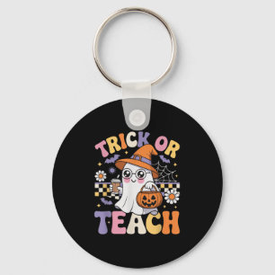 Trick Or Teach Teacher Groovy Ghost Funny Hallowee Keychain