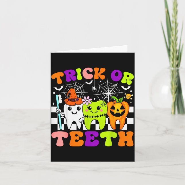 Trick Or Teeth Funny Dental Halloween Costumes Tre Card (Front)