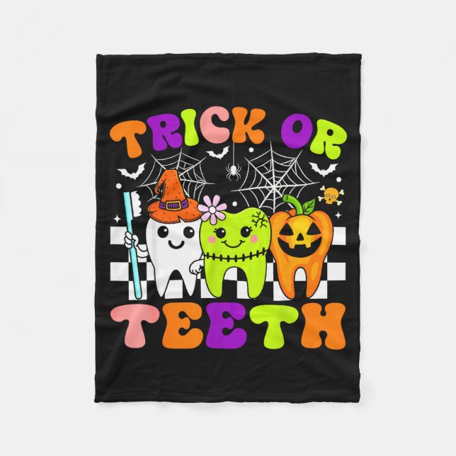 Trick Or Teeth Funny Dental Halloween Costumes Tre Fleece Blanket (Front)