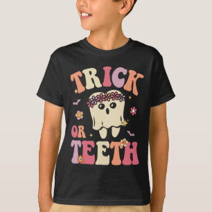 Trick Or Teeth Ghost Groovy Dental Halloween Treat T-Shirt