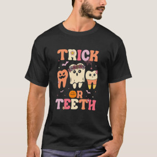 Trick Or Teeth Ghost Groovy Dental Halloween Treat T-Shirt