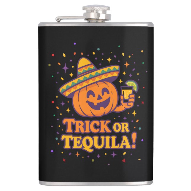 Trick or Tequila – Funny Halloween Pumpkin Party F Hip Flask (Front)