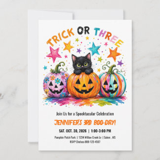 Trick or Three 3rd Birthday Halloween Party Cat  Invitation