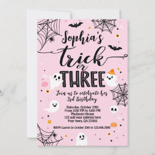 Trick or Three 3rd Birthday, Pink Halloween Invitation