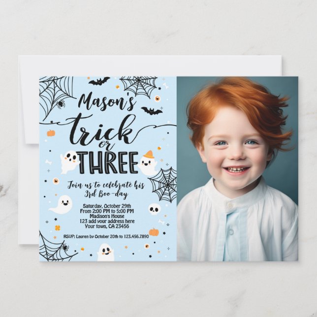 Trick or Three Blue Halloween Cute Ghost Invitation (Front)