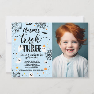 Trick or Three Blue Halloween Cute Ghost Invitation