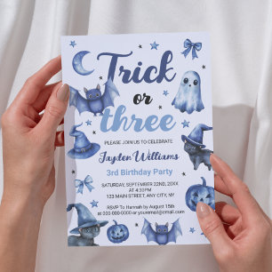 Trick Or Three Blue Halloween Kids 3rd Birthday Invitation