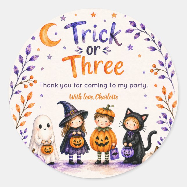 Trick or Three Cute Fun Halloween 3rd Birthday Classic Round Sticker (Front)