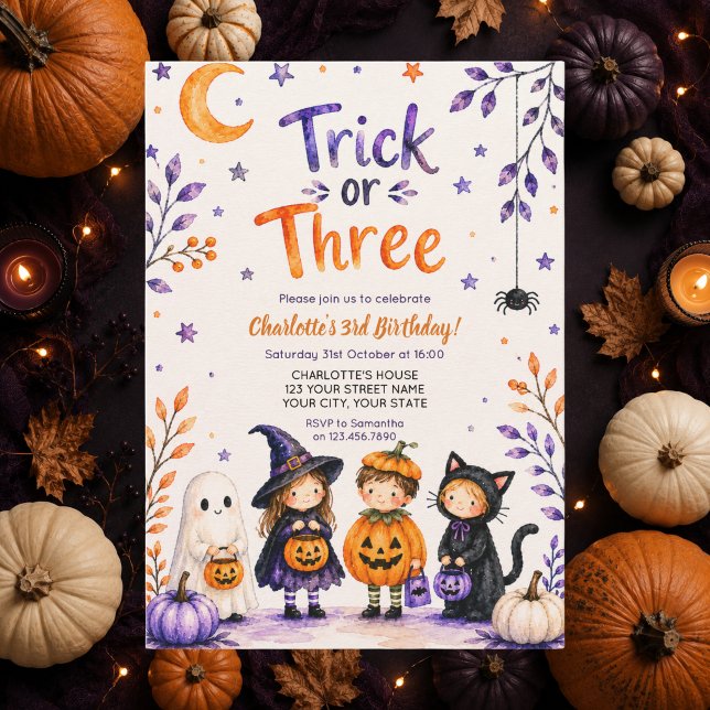 Trick or Three Cute Fun Halloween 3rd Birthday Invitation (Creator Uploaded)