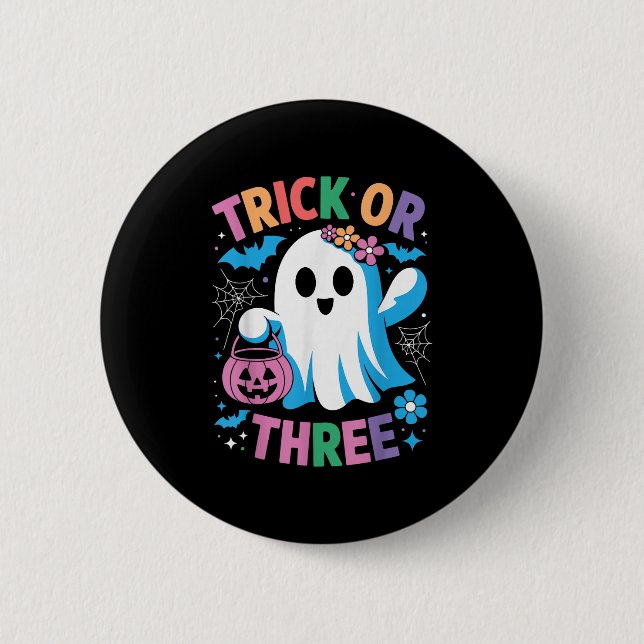 Trick Or Three Cute Ghost Groovy 3rd Birthday Girl 2 Inch Round Button (Front)