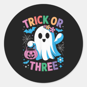 Trick Or Three Cute Ghost Groovy 3rd Birthday Girl Classic Round Sticker