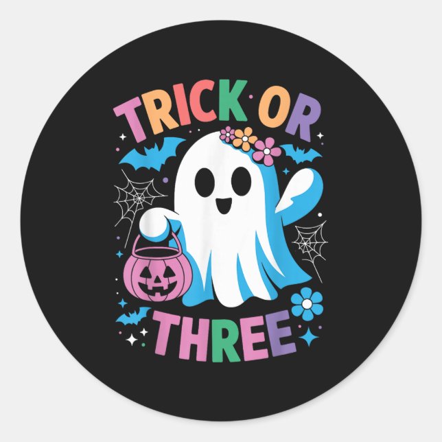 Trick Or Three Cute Ghost Groovy 3rd Birthday Girl Classic Round Sticker (Front)