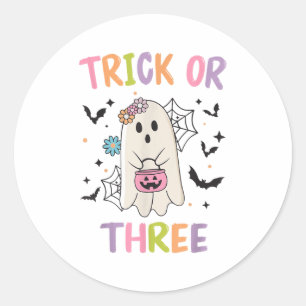 Trick Or Three Cute Ghost Groovy 3rd Birthday Girl Classic Round Sticker