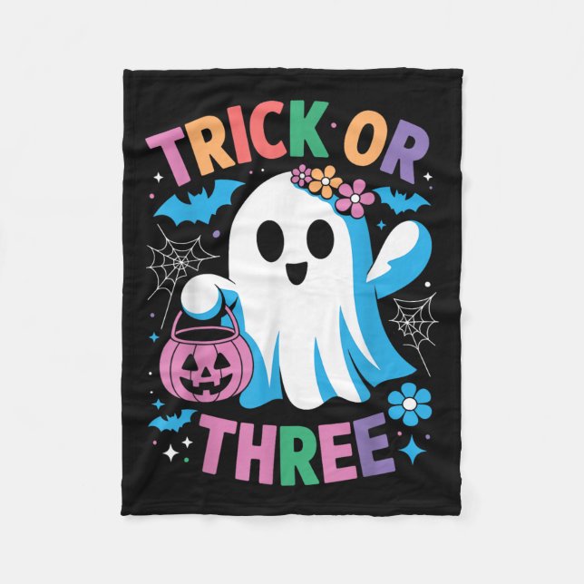 Trick Or Three Cute Ghost Groovy 3rd Birthday Girl Fleece Blanket (Front)