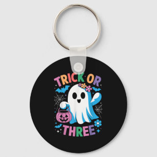 Trick Or Three Cute Ghost Groovy 3rd Birthday Girl Keychain
