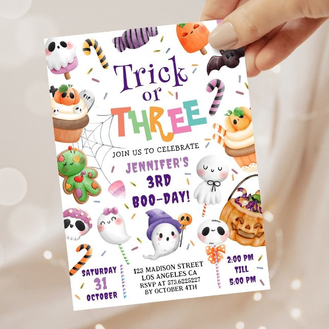 Trick or Three! Cute Purple Halloween 3rd Birthday Invitation (Creator Uploaded)