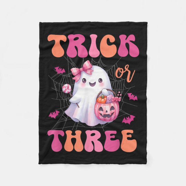 Trick Or Three Halloween 3 Years Old Ghost Birthda Fleece Blanket (Front)