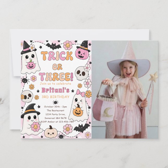 Trick or Three Halloween 3rd Birthday Party Cute Invitation (Front)
