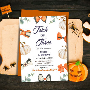 Trick or Three Halloween Birthday Pumpkin Bow cute Invitation