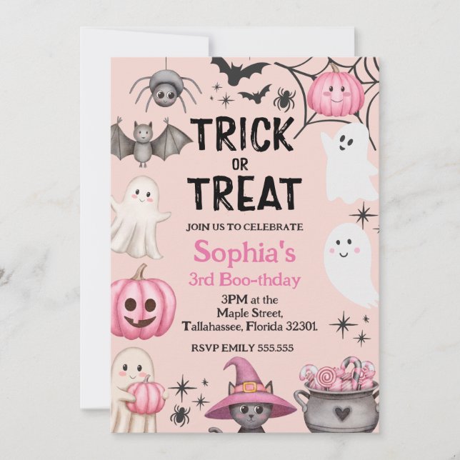 Trick Or Three Halloween Ghost 3rd Birthday Party Invitation (Front)