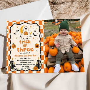 Trick Or Three Halloween Ghost 3rd Birthday Photo Invitation