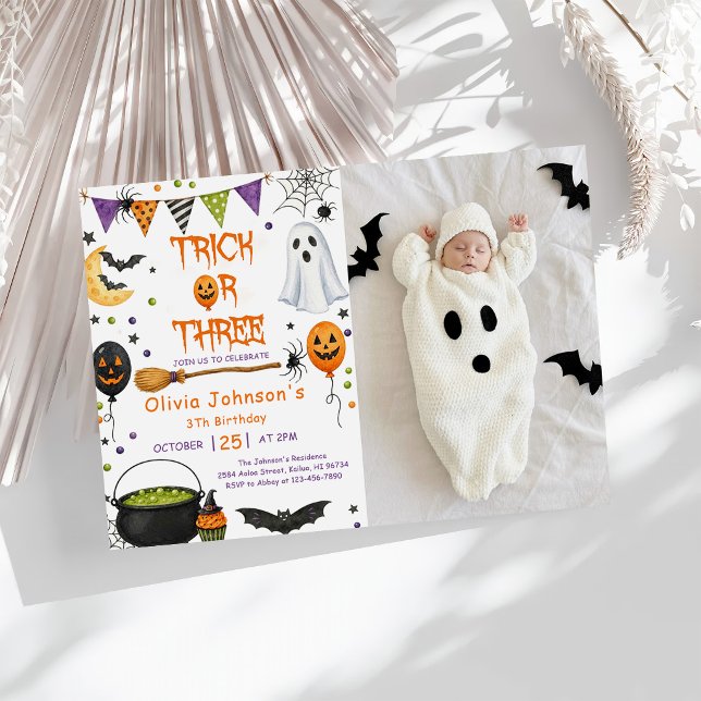 Trick Or Three Halloween Groovy Ghost 3rd Birthday Invitation (Creator Uploaded)