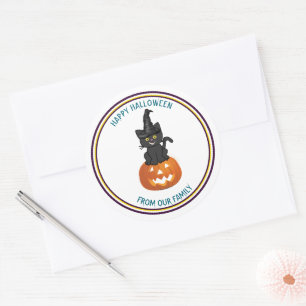 Trick or Treat Black Cat & funny Pumpkin Halloween Classic Round Sticker