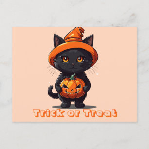 Trick or Treat Black Cat in Witches Hat Halloween Holiday Postcard