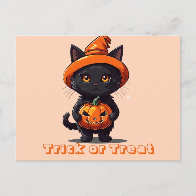 Trick or Treat Black Cat in Witches Hat Halloween Holiday Postcard (Front)