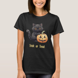 Trick or Treat Black Cat Pumpkin Black Halloween T-Shirt