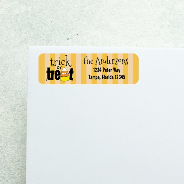 Trick or Treat Candy Corn Halloween Return Address (Trick or treat Halloween return label with candy corn and orange striped background.)