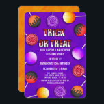 Trick or Treat Candy Halloween Costume Birthday Invitation<br><div class="desc">This cool and modern Halloween costume birthday party invitation is perfect for your son's or daughter's special day. It features hand-drawn illustrations of different kinds of lollipop candies on top of an abstract purple and orange background. It includes the phrase, "Trick or Treat, " in red blood drips and white...</div>