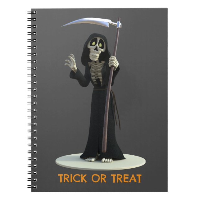 Trick or Treat. Cartoon Grim Reaper Notebook (Front)