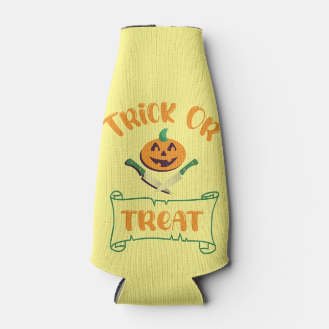 Trick or treat crossbones Halloween pumpkin face Bottle Cooler (Front)