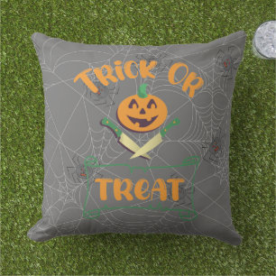 Trick or treat crossbones Halloween pumpkin face Outdoor Pillow