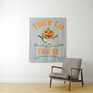 Trick or treat crossbones Halloween pumpkin face Tapestry