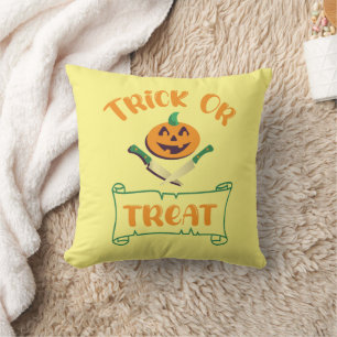 Trick or treat crossbones Halloween pumpkin face Throw Pillow