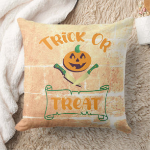 Trick or treat crossbones Halloween pumpkin face Throw Pillow