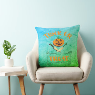Trick or treat crossbones Halloween pumpkin face Throw Pillow