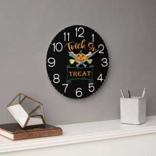 Trick or treat crossbones Halloween pumpkin  Large Clock