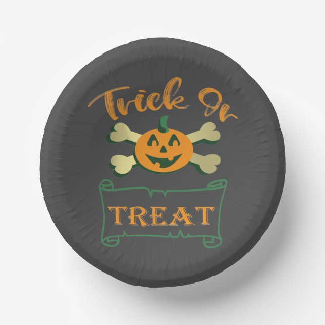 Trick or treat crossbones Halloween pumpkin  Paper Plate (Front)