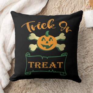 Trick or treat crossbones Halloween pumpkin Throw Pillow