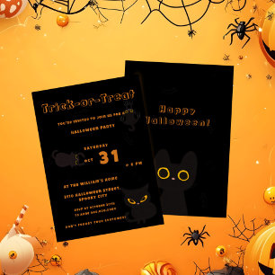 Trick or Treat   Cute Black Cat Halloween Invitation