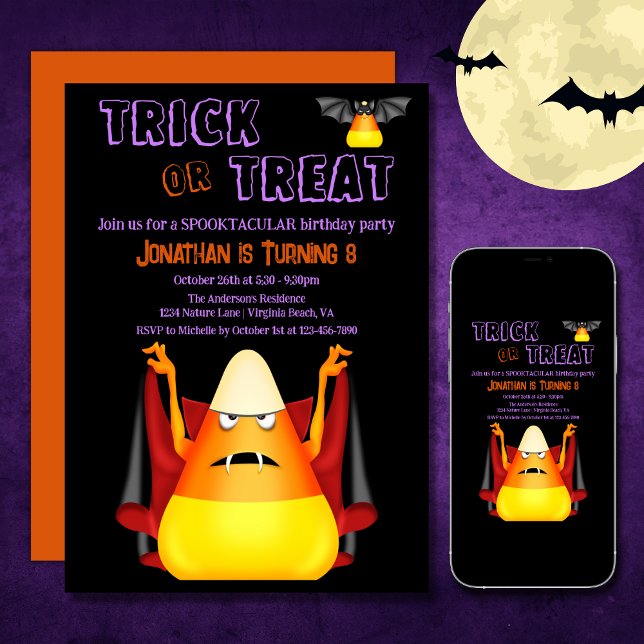 Trick or Treat Cute Candy Corns Halloween Birthday Invitation (Printed and Digital - Trick or Treat Cute Candy Corns Halloween Birthday Invitation)