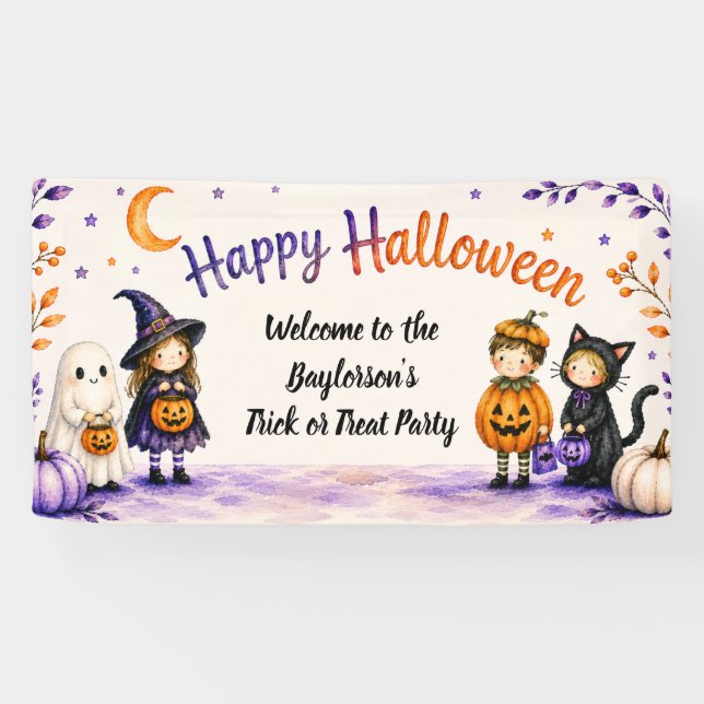 Trick or Treat Cute Fun Script Halloween Party  Banner (Horizontal)