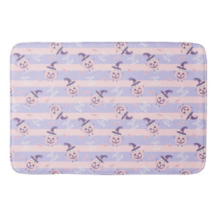 Trick or Treat Cute Ghost , Pumpkins and Stripes Bath Mat