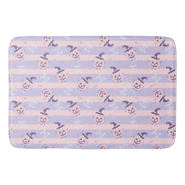 Trick or Treat Cute Ghost , Pumpkins and Stripes Bath Mat (Front)